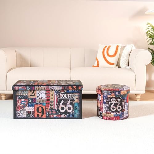 Bonlife Round Ottoman Storage,Folding Storage Organiser Toy Chest,Retro Faux Leather Footrest Stool Seat for Living Room 15"(Multicoloured) 38x38x38cm