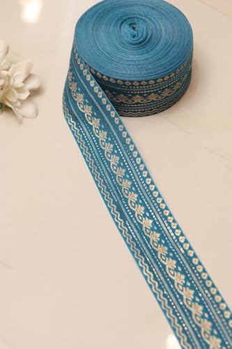 Image of Banarasi Silk Border Lace for Saree, Dupatta, Lehenga, Suit, Blouse & Home Furnishing, Crafting DIY (Ocean Gold, 9 Meters x 2 Inch)