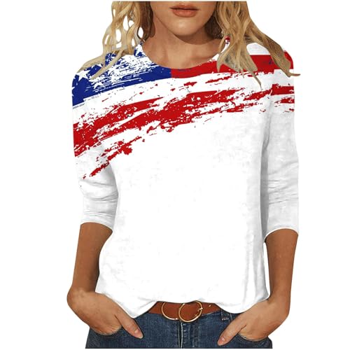 Image of Fourth of July Shirts for Women 3 /4 Sleeve Summer Tops American Flag Print T Shirt Patriotic 4th of July Shirts 2025