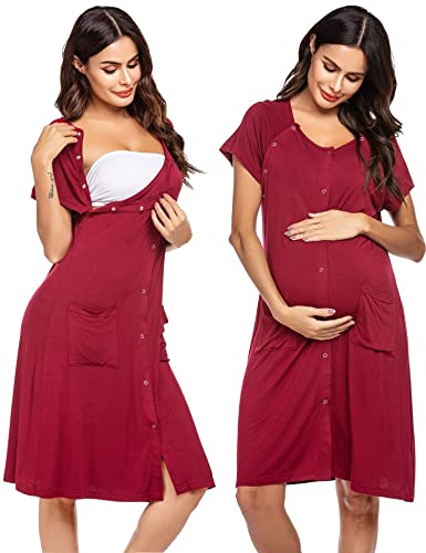 Image of Ekouaer 3 in 1 Labor/Delivery/Hospital Gown Nursing Dress Maternity Nightgown Sleepwear for Breastfeeding with Button S-XXL
