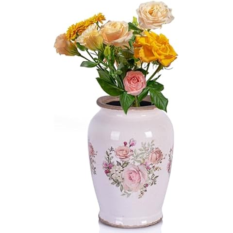 orenm Vintage Ceramic Terracotta Pottery Vase,Floral Print Vase,Farmhouse Rustic Décor,Home Office Bedroom Bookshelf Decor Porcelain Vase Chinoiserie Decor Gifts for Adults Mom Unique Flower Vase (A) Cover