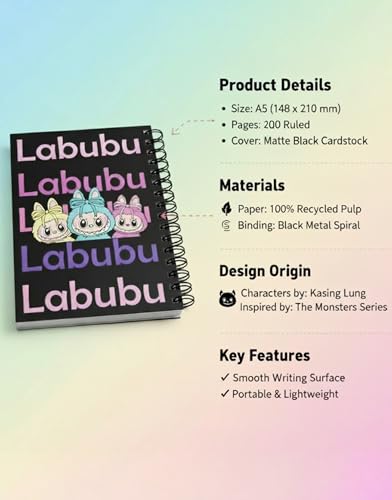 Image of LABUBU Black Cute Spiral Diary - A5 Notebook for Kids Girls | Aesthetic Journal Book with Ruled 200 Pages | 80 GSM | Small Notebook Diary for School | Journaling Diaries | Notes & Gift