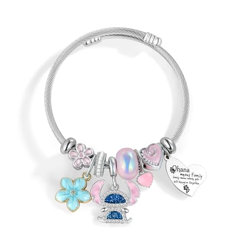 BECKWJE Charm Bracelets for Girls Cute Bracelet Ohana Means Family Stuff Stainless Steel Beads Bracelet Bangles Gifts for Girls Blue