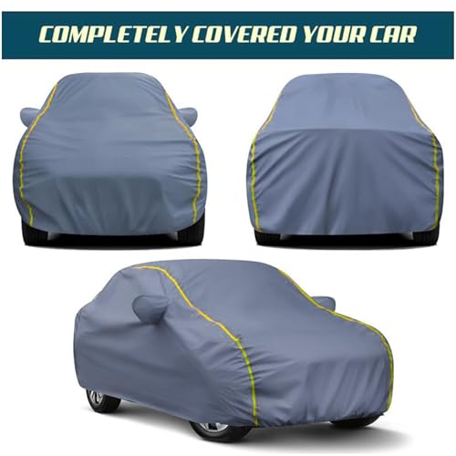 Image of Waterproof Car Body Cover for Crusier Hyryder All Weather Protection Comes with Inner Cotton Lining & Triple Stitched with Mirror & Antenna Pocket Belt & Elastic Fit Grey with Yellow Piping2