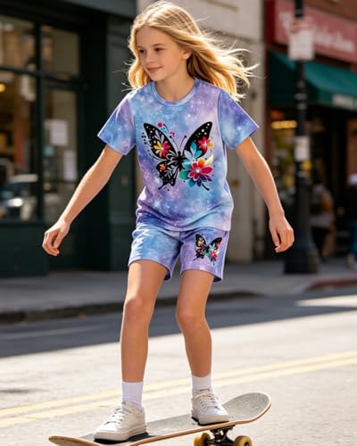 Image of 7-14Y Tween Girl Clothes 2 Piece Short Sleeve Tie Dye Heart Print Top and Shorts Teen Girl Summer Outfits Short Set