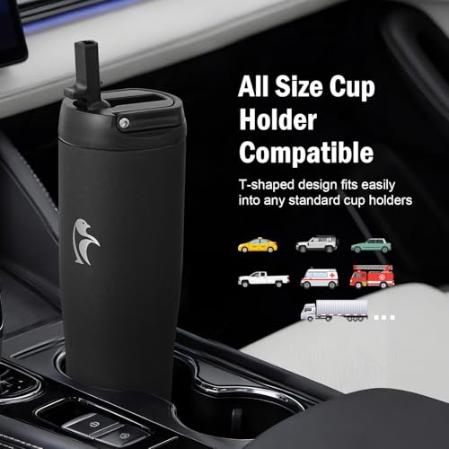Image of Coolflask 40 oz Insulated Water Bottle Fits Cup Holder with Straw & Handle