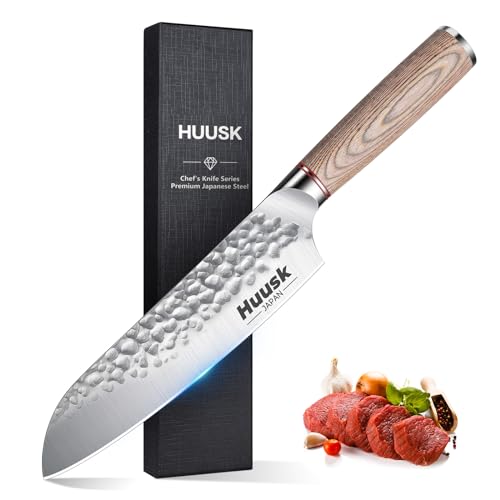 Huusk Japan Knife 7-Inch Santoku Chef Knife Professional Hand Forged High Carbon Steel Kitchen Knives, Japanese Santoku Knives for Meat Vegetables - Wood Handle, Father's Day Christmas Gift Men Women