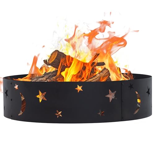 Sunnydaze 36-Inch Outdoor Fire Ring - Portable Metal Fire Pit Ring for Camping or Backyard - 360-Degree Moons and Stars Cutout - Big Sky
