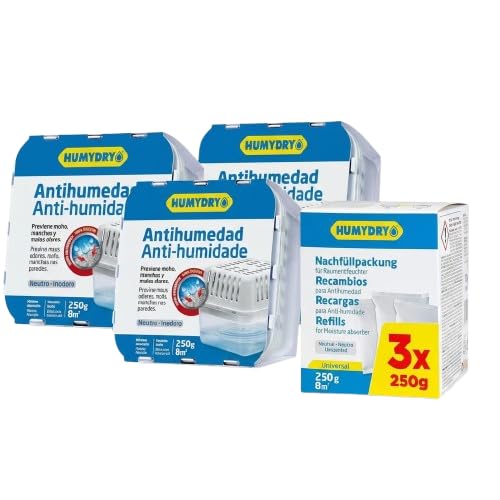 HUMYDRY Antihumedad Pack 3 × Deshumidificadores Compact 250 g + 3 Recambios – Control de Humedad sin Electricidad, Ideal para Armarios, Baños, Cocina y Estancias Pequeñas