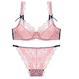 [AORKU] ブラジャー ショーツセット ランジェリー セクシー 過激 下着 レディース 上下セット セクシーブラ Tバック シースルー レース刺繍 フェミニン コスプレ 総レースブラ ピンク 可愛い ワイヤー 補整 下着 新婚お祝い バレンタイン E90