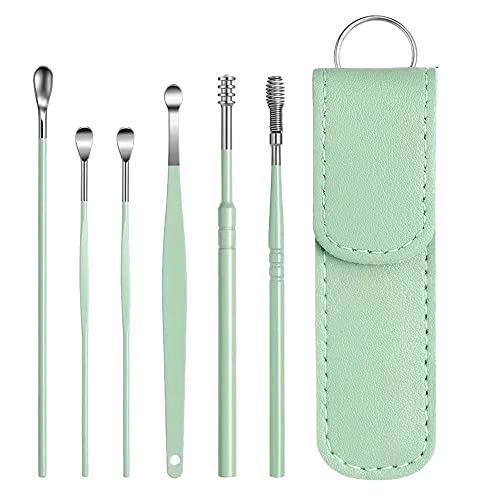 6 piezas de acero inoxidable limpiador de oídos, forma en espiral, cucharas largas reutilizables, limpiador de cerumen, juego de herramientas de limpieza de oídos, con caja de almacenamiento para