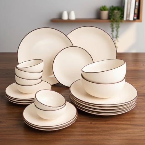 Image of Freakway Hand Painted Ceramic Dinner Set, 20 Pieces, Ivory White with Brown Rim, Stoneware, Microwave & Dishwasher Safe