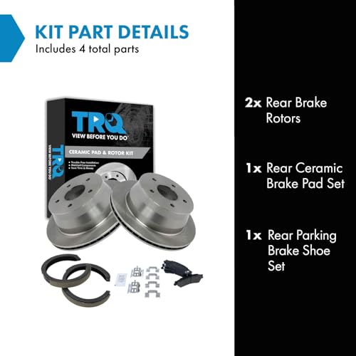 Image of TRQ Rear Brake Pad and Rotor Set Ceramic Parking Shoes Compatible with 1997-2005 Chevrolet Blazer 1998-2004 S10 Sonoma 1997-2001 Jimmy 1998-2001 Oldsmobile Bravada 1998-2000 Isuzu Hombre