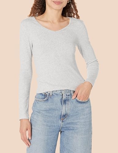 Image of Amazon Essentials Women's Slim-Fit Long Sleeve V-Neck Knit Rib Shirts, Pack of 2