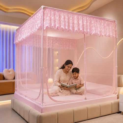 Image of Dawnwake Mosquito Net, Anti-Fall Mosquito Neting Bed for Babies /Adult /Outdoor,Portable Foldable Travel /Camping Mosquito Net Tent, Suit for Queen Size Bed (Pink, 200 * 150cm)