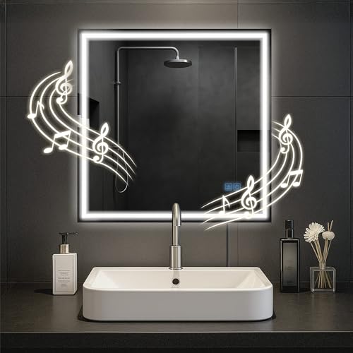 CLP Specchio da Bagno Jaffrey, Altoparlante Bluetooth, antiappannamento, Specchio da Parete con Illuminazione a LED, dimmerabile, Dimensione:80x80 cm
