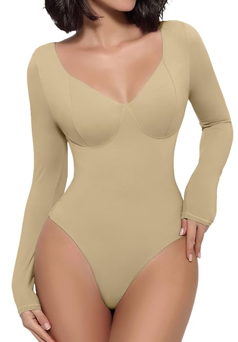 Image of Avidlove Bodysuit for Women Long Sleeve Double Lined Tank Top V Neck Bodysuit Tummy Control Shapewear
