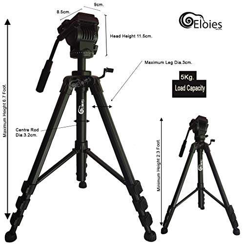 Image of Eloies EL972 Professional Series Heavy Duty Tripod | Three Way Pan Fluid Head | Aluminium Made Adjustable with Cannon Nikon Sony Olympus Camera and Mobile Phones Max Height 6.7 Feet.