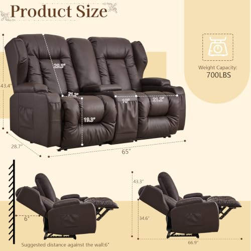 Image of SAMERY 65.5 inch Loveseat Recliner Sofa | Double Recliner Sofa & Console | Wall Hugger Loveseat Reclining RV Theater Seats | RV Couch Home Theater Seating Furniture (Faux Leather Brown)