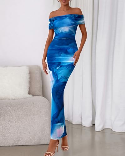 Image of BTFBM Cocktail Dresses for Women 2026 Elegant Classy Off Shoulder Bodycon Mesh Slit Floral Maxi Spring Summer Dress