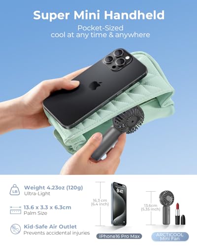 Image of ARCTICOOL Portable Mini Fan - Rechargeable Hand Fan with 3 Adjustable Speeds, 2000mAh Battery, Lightweight Design, Low Noise, and Easy Portability for Indoor and Outdoor Use (Grey)
