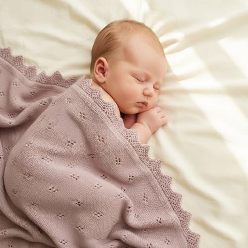 Image of mimixiong Cotton Baby Blanket Knitted Crochet Receiving Crib | Nursery Swaddling Blankets for Newborn Baby Boy Girl dreamy lilac