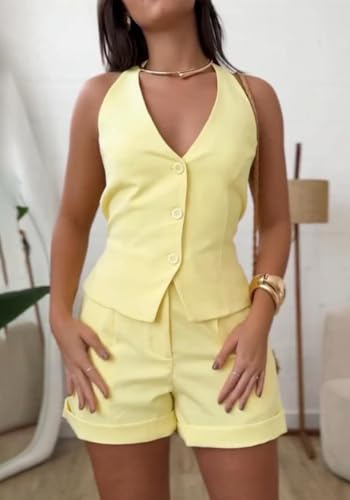 Tcremisa Womens 2 Pieces Outfits Casual Button Down Blazers Vest with Shorts Set Office Business Suits2