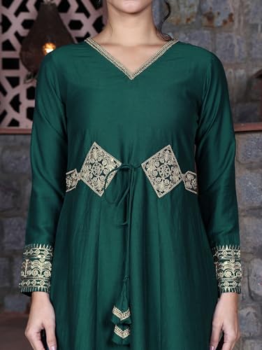 Image of EthnicJunction Women's Cotton Silk Embroidered Anarkali Kurta Palazzo with Digital Print Dupatta Set