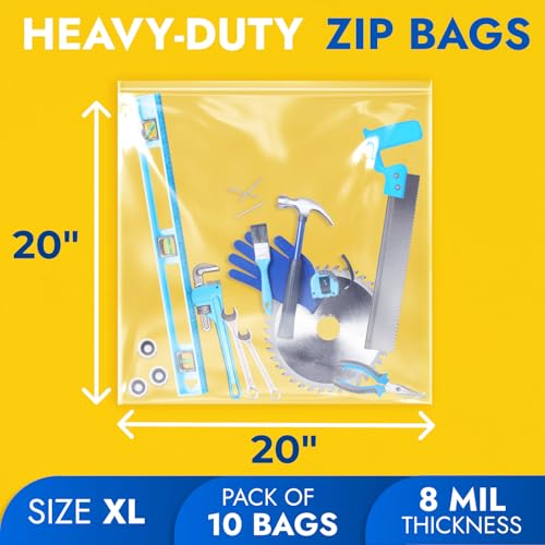 20" x 20" Heavy-Duty Zip Plastic Bags Pack of 10, 8 Mil Extra Thick Clear Reclosable Poly Bags, Waterproof Resealable for Clothes, Hardware, Tools, Food by Paclord - Used condition - Image 2