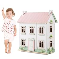 GYMAX Wooden Kids Dollhouse, 3-Storey Dolls House with 5 Rooms, Double-sided Roofs and 19pcs Furniture Accessories, Large Doll House for 3 Years Old+
