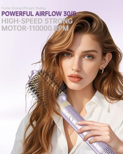 Image of Hair Dryer Brush 7-in-1 Dual Voltage Hot Air Styler - Fast-Drying 110,000 RPM Ionic Blow Dryer with Straightener & Curler Attachments, Frizz-Free Volumizing Styler with Protective Hard Case-Purple