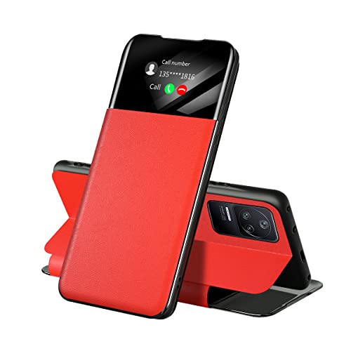 ATISIJIE Funda para Xiaomi Poco F4 5G Carcasa, TPU/PU Cuero Flip Case Cover Leather Folio Cover con Billetera [Ventana Transparente] [Ranura para Tarjeta][Soporte] Rojo