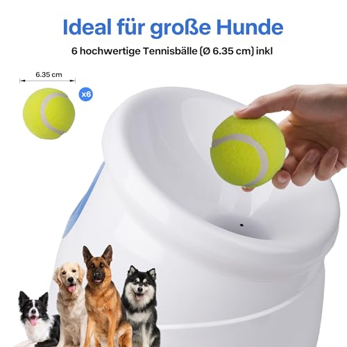 Pet Prime Automatischer Ballwerfer für Große Hunde, Ballwurfmaschine mit 3 Distanzstufen (3-12M) Ballmaschine mit 6x6,35cmTennisbällen, Wiederaufladbarem & Hundepfeife für Outdoor-Spiele (Maxi-Werfer)