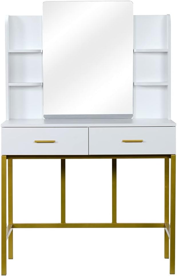 Dresser with Stool Set with Mirror Frame 2 Drawers Steel Frame Makeup Table Bedroom Makeup Dresser