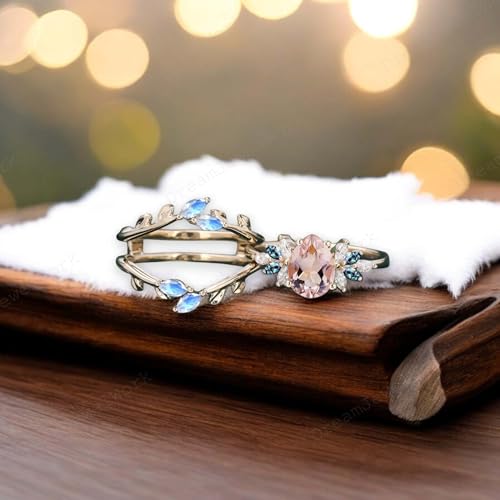 Pear Morganite Engagement Ring Set Solid Yellow Gold Flower Ring Leaf Moonstone Enhancer Band, Alexandrite Twig Branch Ring Diamond Cluster Wedding Jewelry Gift4