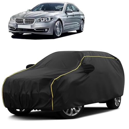 Image of Sulfar 100% Water Resistant Car Body Cover Compatible with Mirror for BMW 520i (Triple Stitched, Full Bottom Elastic, Black Taffeta with Yellow Piping)