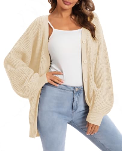 Image of QUALFORT Women's Oversized 100% Cotton Cardigan Sweater | Long Sleeve V Neck Button Down Open Front Knit Outerwear
