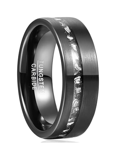 Vakki 8mm Ringe für Herren Schwarzer Herrenring mit Meteoritenimitat-Einlage Wolfram Ring für Hochzeit und Alltag Größe 65(20.7)