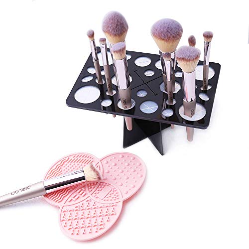 Makeup Brush Cleaning Mat & Drying Rack - 28 Holes Brush Holder, Silicone Rubber Clover Shaped Mat Cleaner - Black & Pink
