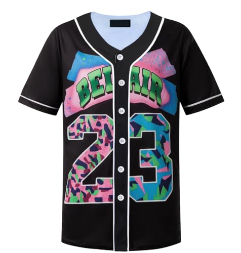 HOPSHION 90s Bel Air Baseball Jersey for Women Button Down Hip Hop Clothing Outfits HP001-#23-Black-XS