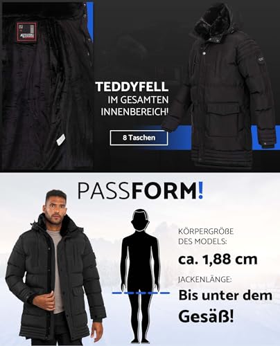 ALESSANDRO SALVARINI Herren Winterjacke (S-3XL) - Wasserabweisend, Abnehmbare Kapuze & Fellkragen, Teddyfell innen, Warme Jacke Männer - AS-285 Schwarz XX-Large