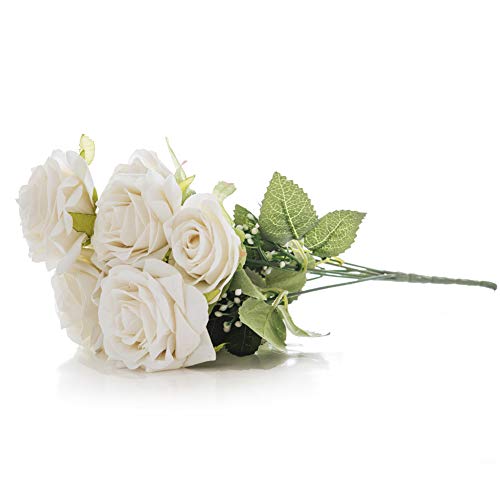 IXIQI Artificial Flowers Fake Rose Flocked Plants DIY Wedding Bouquets Flannel Rose Bridal Shower Party Indoor Outdoor Home Decorations Kitchen Office Table Centerpieces Arrangements (White)