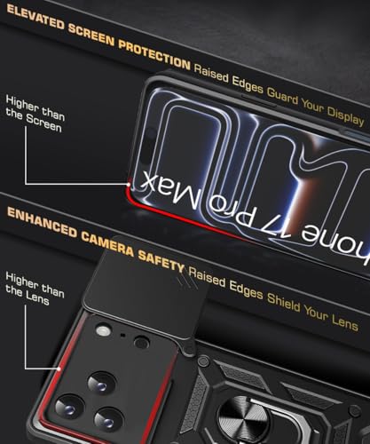 Image of WOW IMAGINE Tough Armor Bumper Mobile Back Case for iPhone 17 Pro Max | Sliding Camera Shield Cover | Shock Proof 360 Protection | Hybrid PC + TPU | Ring Holder with Kickstand - Black