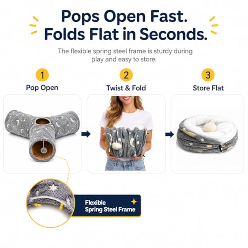 Image of Cat Tube Tunnel with Plush Ball Toys Collapsible Self-Luminous, for Cat Small Pets Bunny Rabbits, Kittens, Ferrets,Puppy and Dogs Grey Moon Star 3 Way