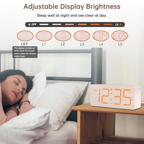 Image of DreamSky Wooden Digital Alarm Clock for Bedroom with Large Numbers | Loud Alarm Clock for Heavy Sleepers with Volume Control, Desk Clocks for Living Room, Dimmer, DST, Wood Decor (Plug in Clock)