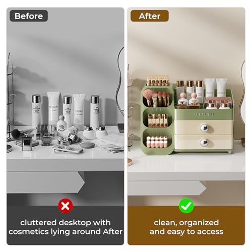 Image of UFORU Makeup Organizer for Vanity with Brush Holder, Large Capacity Bathroom Countertop Skincare Organizer with 2 Drawers, Cosmetic Display Case for Perfumes, Eyeshadow Palettes, Nail Polishes