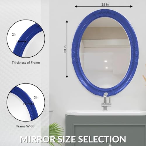 Image of Howard Elliott Collection Queen Ann Oval Glossy Royal Blue Wall Mirror, Oval Bevelled Hanging Wood Framed Vanity Mirrors for Home Decor, Living Room, Bathroom, Bedroom, or Hallway, 25 x 33 Inch