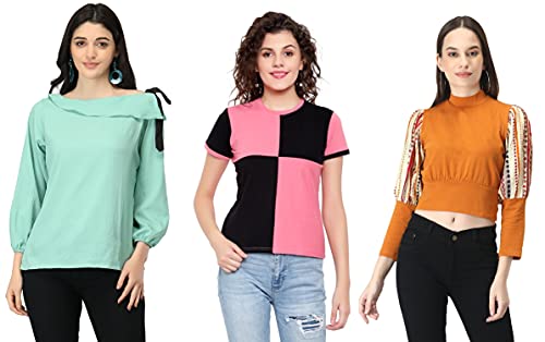 Image of DHRUVI TRENDZ Women's Regular Fit T-Shirt (2021 Turquoise & Pink & Mustard Small)