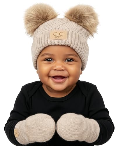 Image of Funky Junque Baby Double Faux Fur Pom Pom Beanie & Mittens Set – Newborn Infant 0–9 Months Winter Hat with Soft Lined Mittens