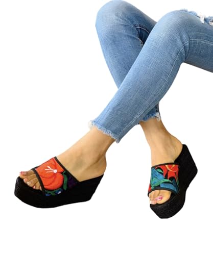 La Santa Art Mx Mexican Pumps Embroidery. Mexican Shoes Mexican Textile. Huaraches. Suede Slippers (8) Black